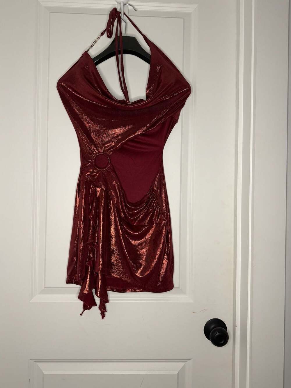 Windsor Halter Mini Dress Size M Burgundy Metallic Cowl Neck O-Ring Cutout
